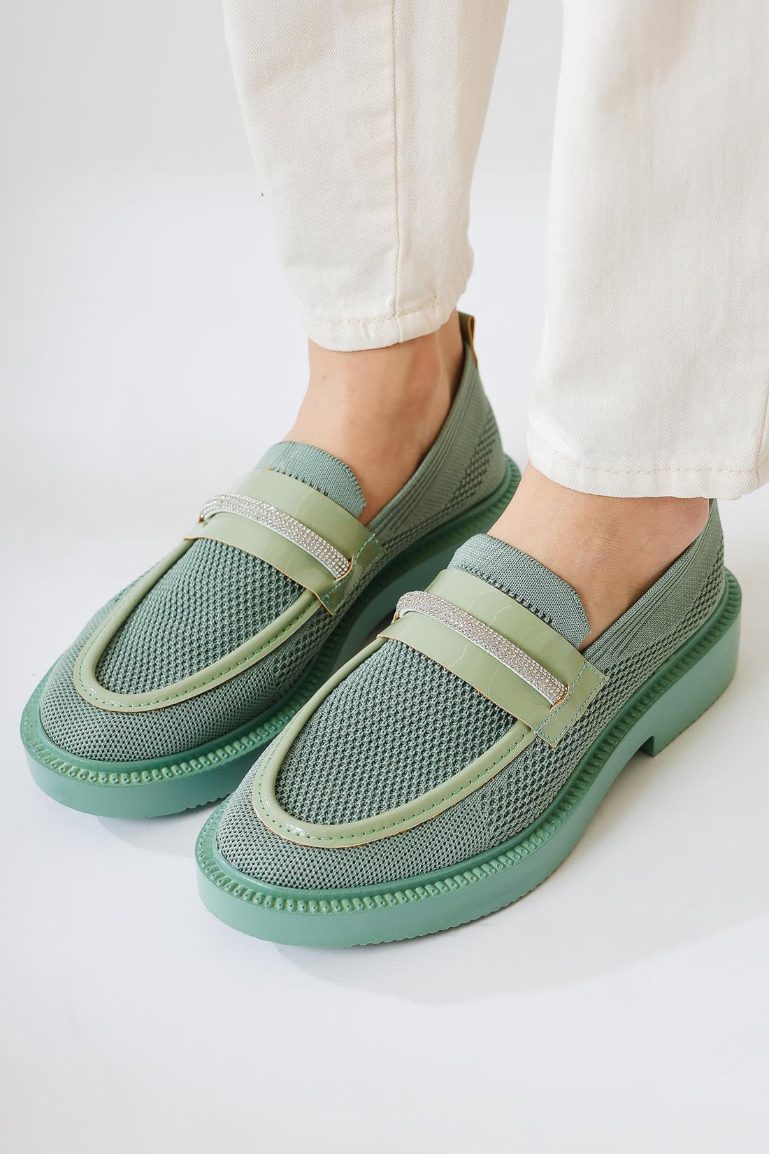 Micka Yeşil Örgü Rugan Detaylı Taş Bantlı Günlük Ayakkabı