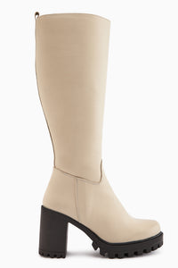 Ella Hakiki Deri Bej Platform Topuklu Kadın Çizme