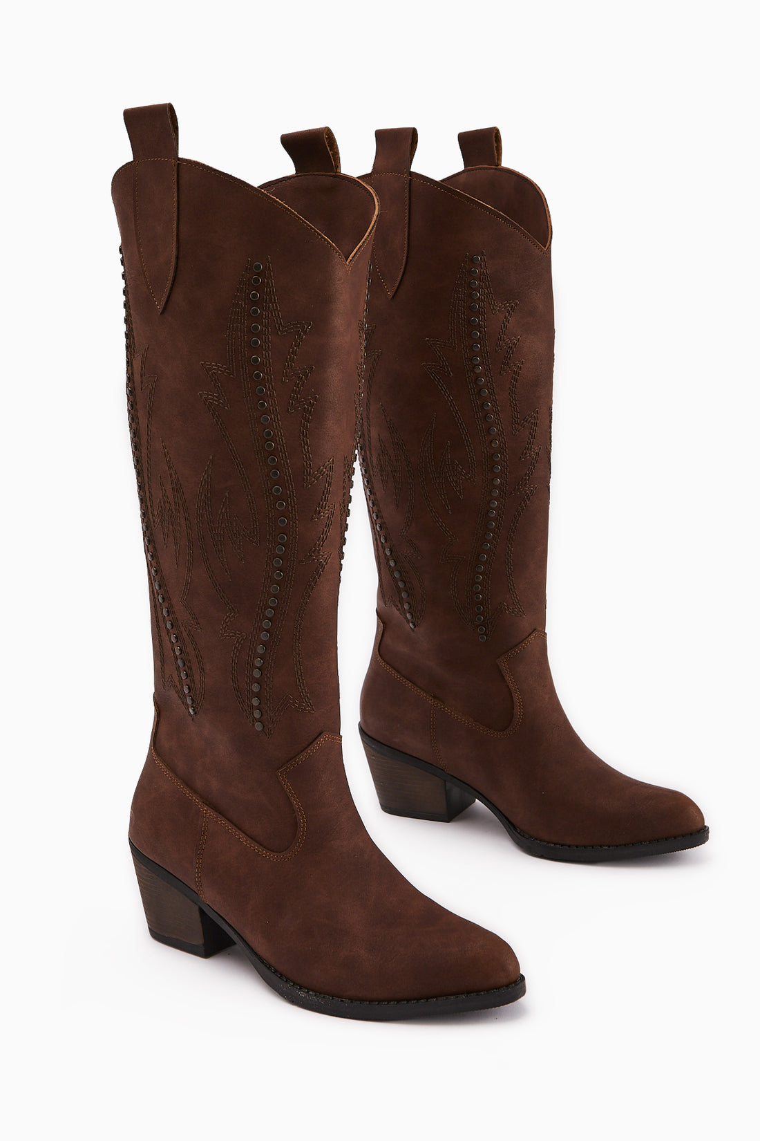 Fizaro Kahve Sivri Burunlu Nakışlı Zımba Detaylı Western Çizme