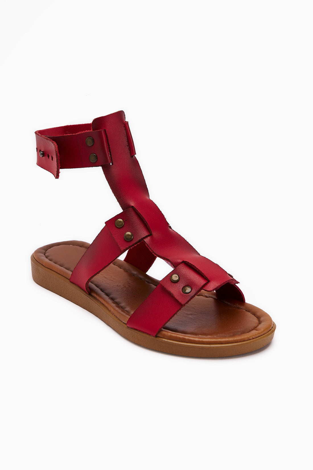 Hakiki Deri Rayen Kırmızı Üç Bantlı Perçin Detaylı Kemer Sandalet