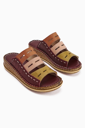 Hakiki Deri Joelle Bordo Yeşil Pudra Portakal Comfort Lazer Kesim Terlik