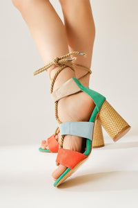 Britty Çok Renkli (Turuncu-Mavi-Bej-Yeşil) Süet Kalın Bantlı Halat Bağlamalı Topuklu Sandalet