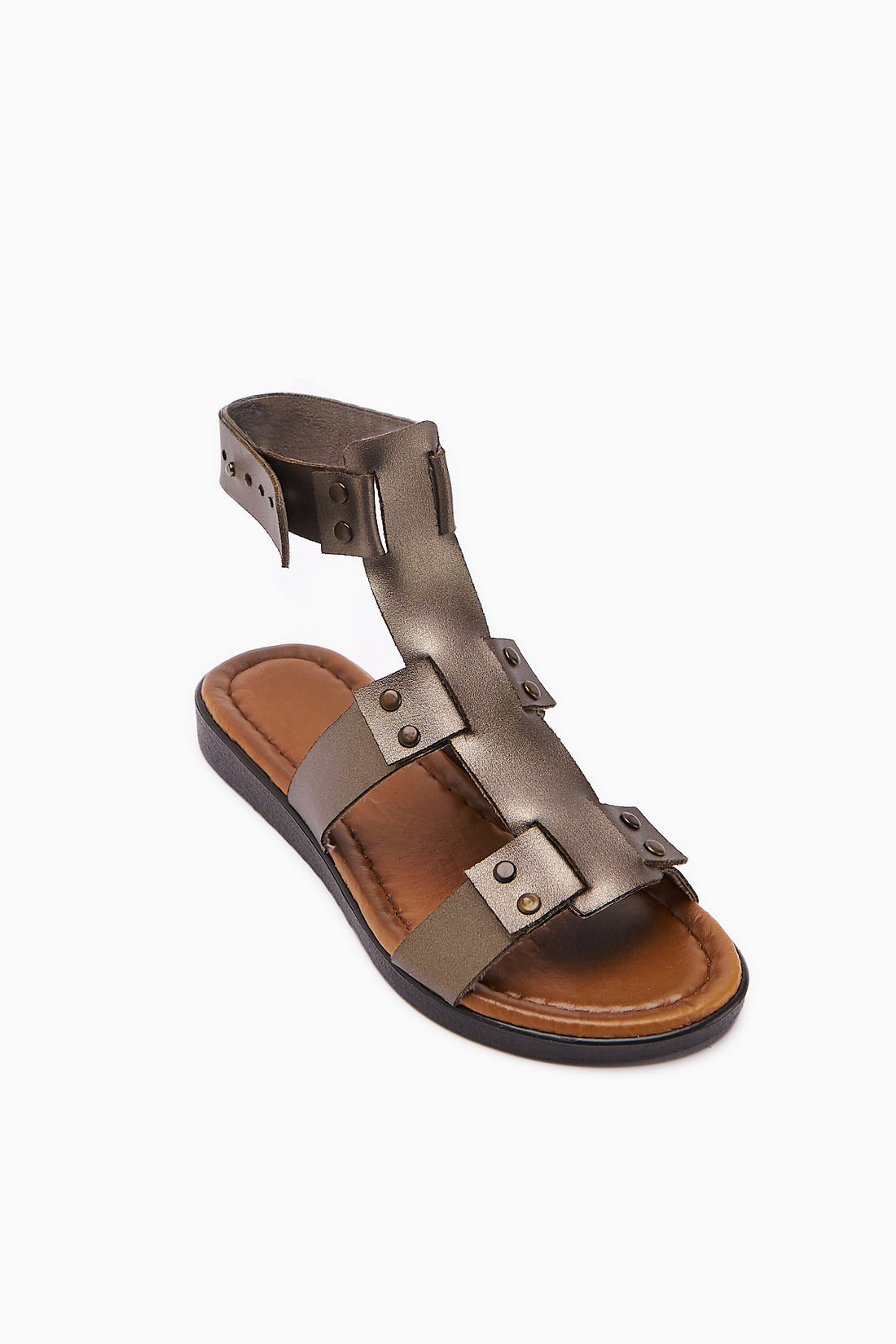 Hakiki Deri Rayen Platin Üç Bantlı Perçin Detaylı Kemer Sandalet