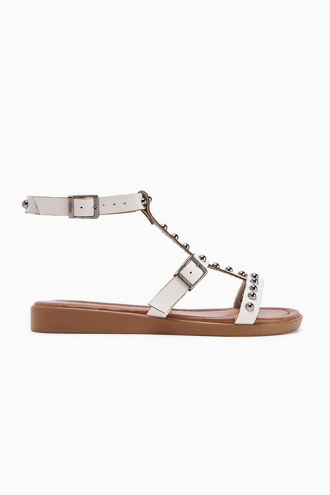 Hakiki Deri Hivin Beyaz Metal Boncuk Detaylı Sandalet