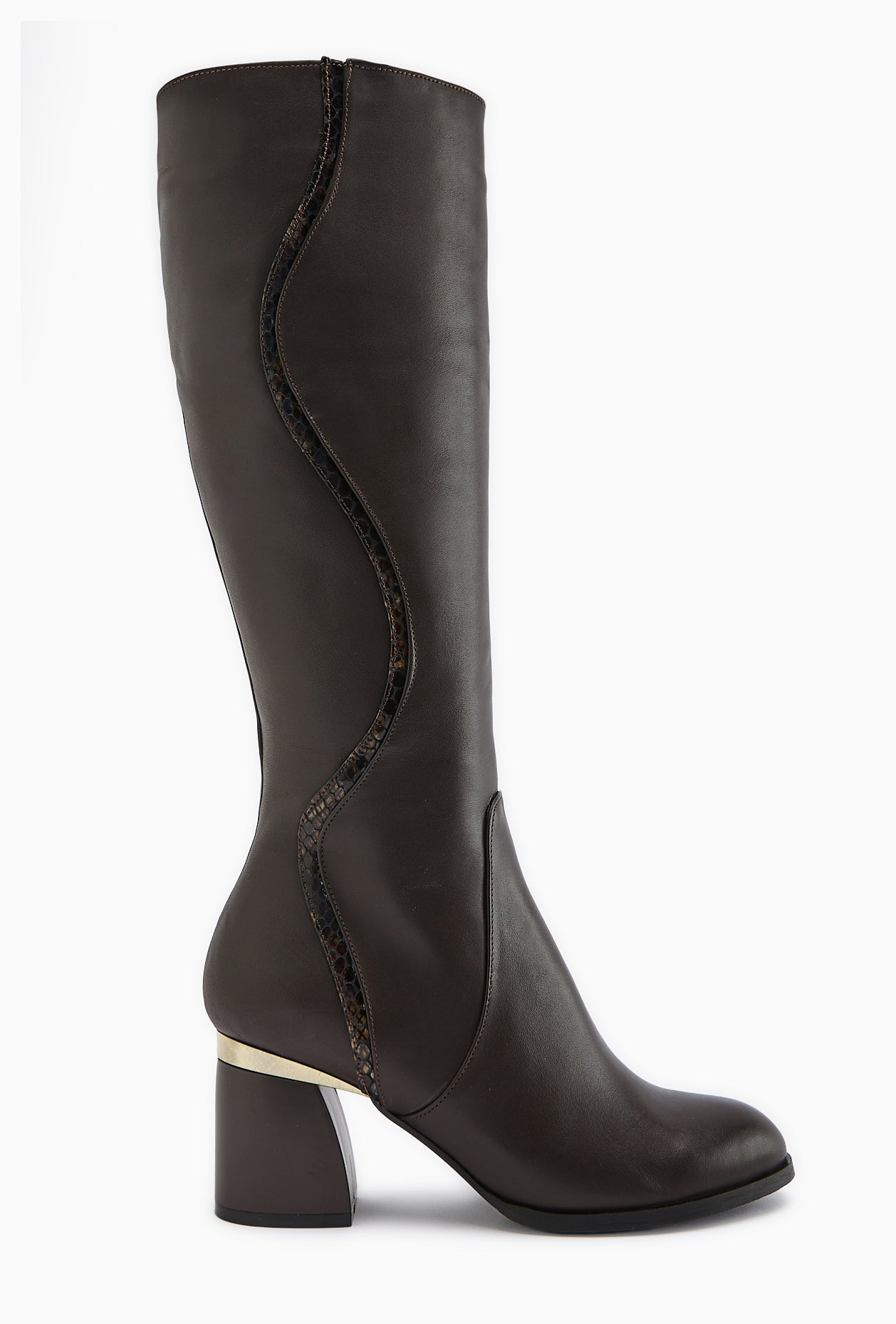 Kaylin Hakiki Deri Kahve Yılan Desenli Detaylı Kadın Topuklu Çizme