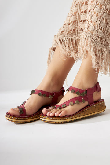 Hakiki Deri Lilah Bordo Antik Detaylı Sandalet