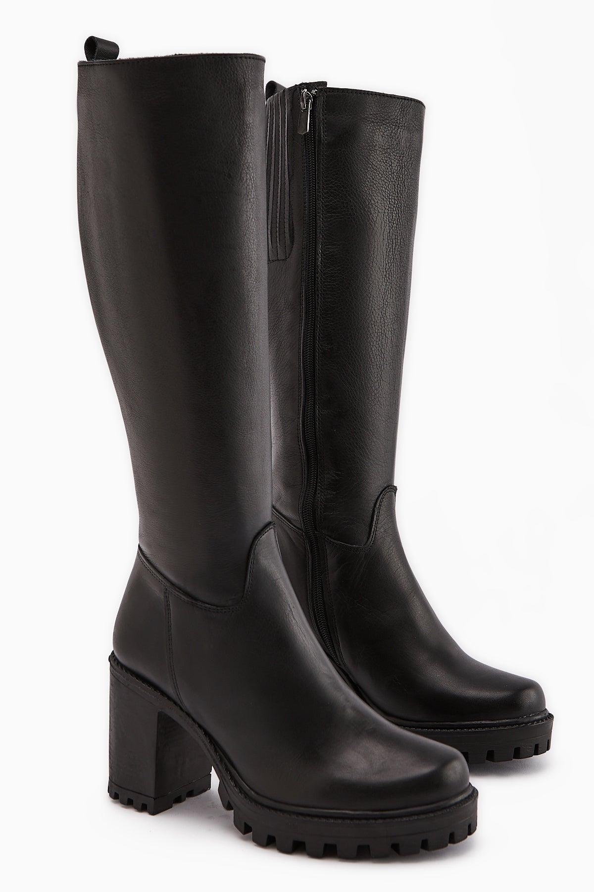 Ella Hakiki Deri Siyah Platform Topuklu Kadın Çizme