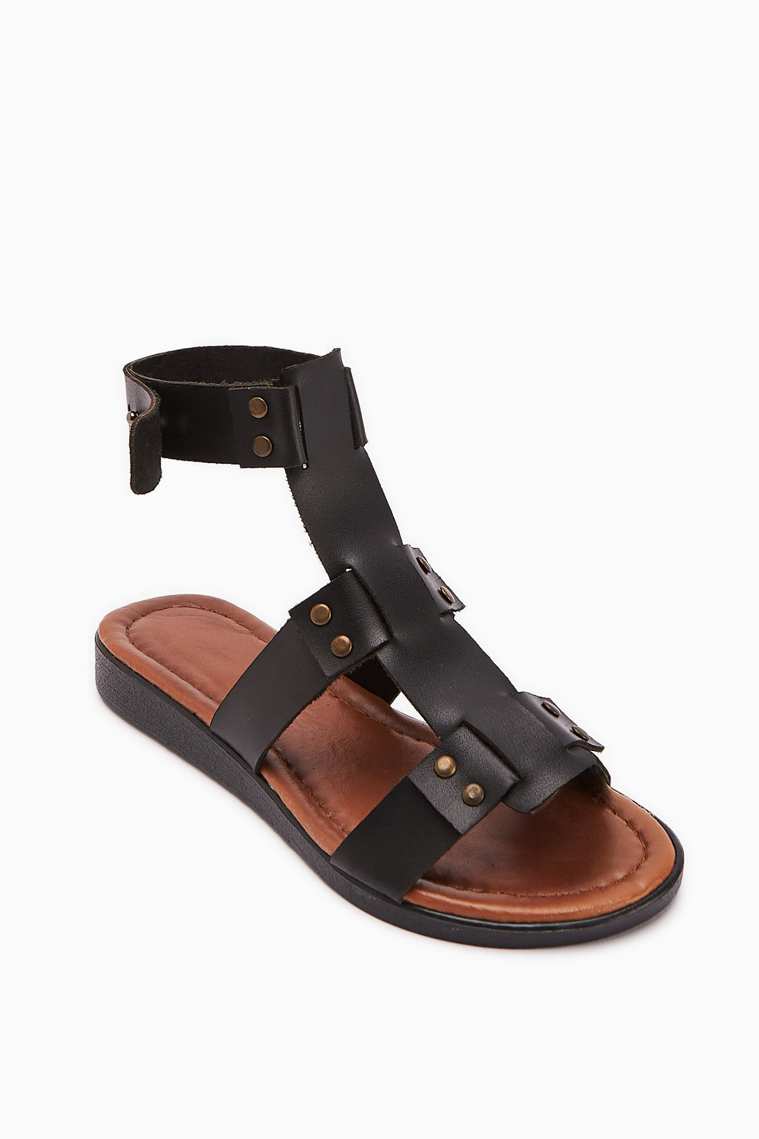 Hakiki Deri Rayen Siyah Üç Bantlı Perçin Detaylı Kemer Sandalet