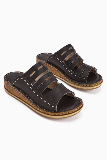 Hakiki Deri Joelle Siyah Comfort Lazer Kesim Terlik