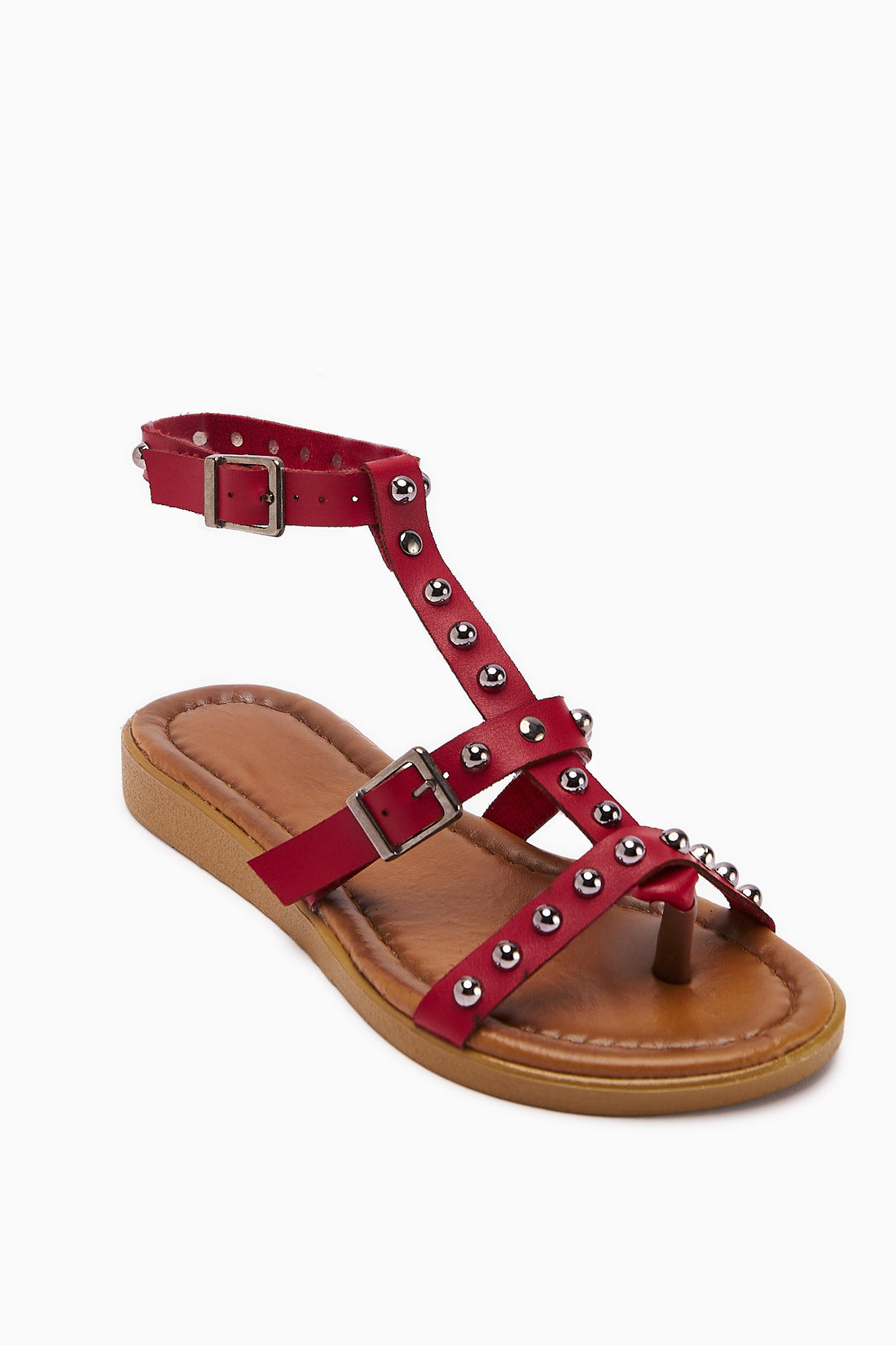 Hakiki Deri Hivin Kırmızı Metal Boncuk Detaylı Sandalet