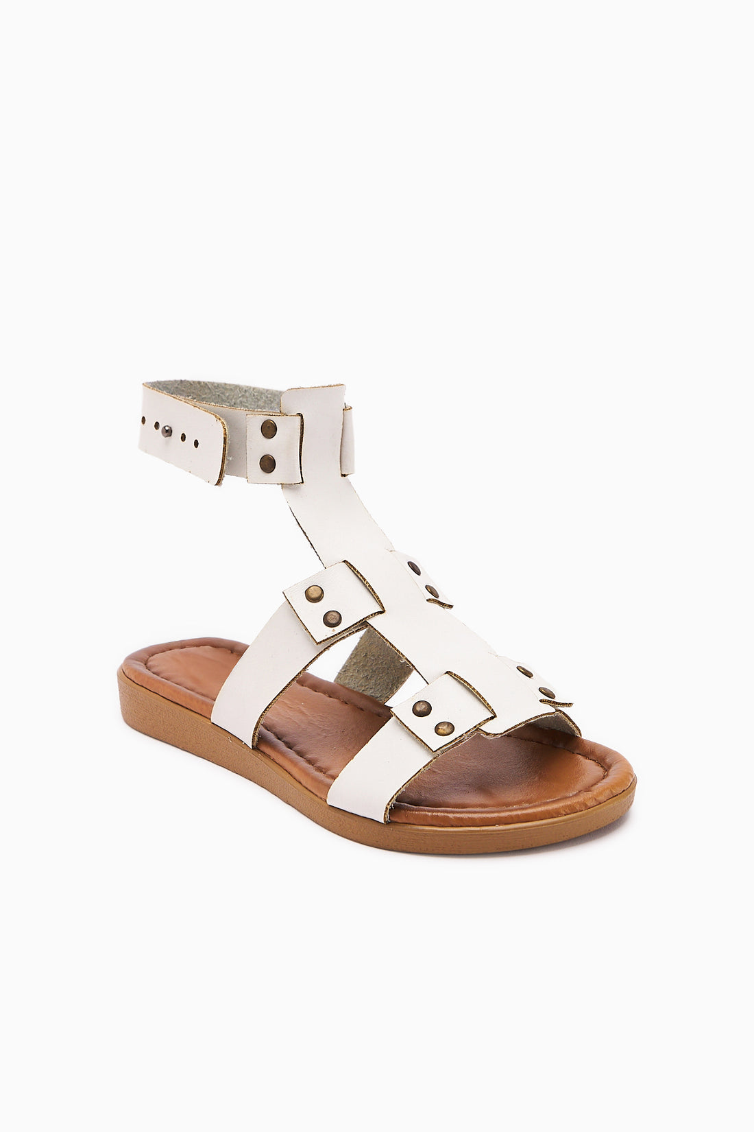 Hakiki Deri Rayen Beyaz Üç Bantlı Perçin Detaylı Kemer Sandalet