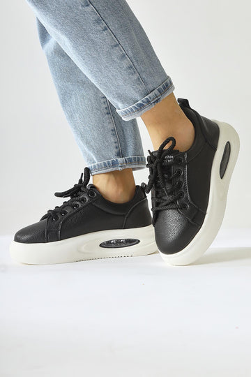 Loura Siyah Deri Desenli Havalı Taban Bağcıklı Sneakers