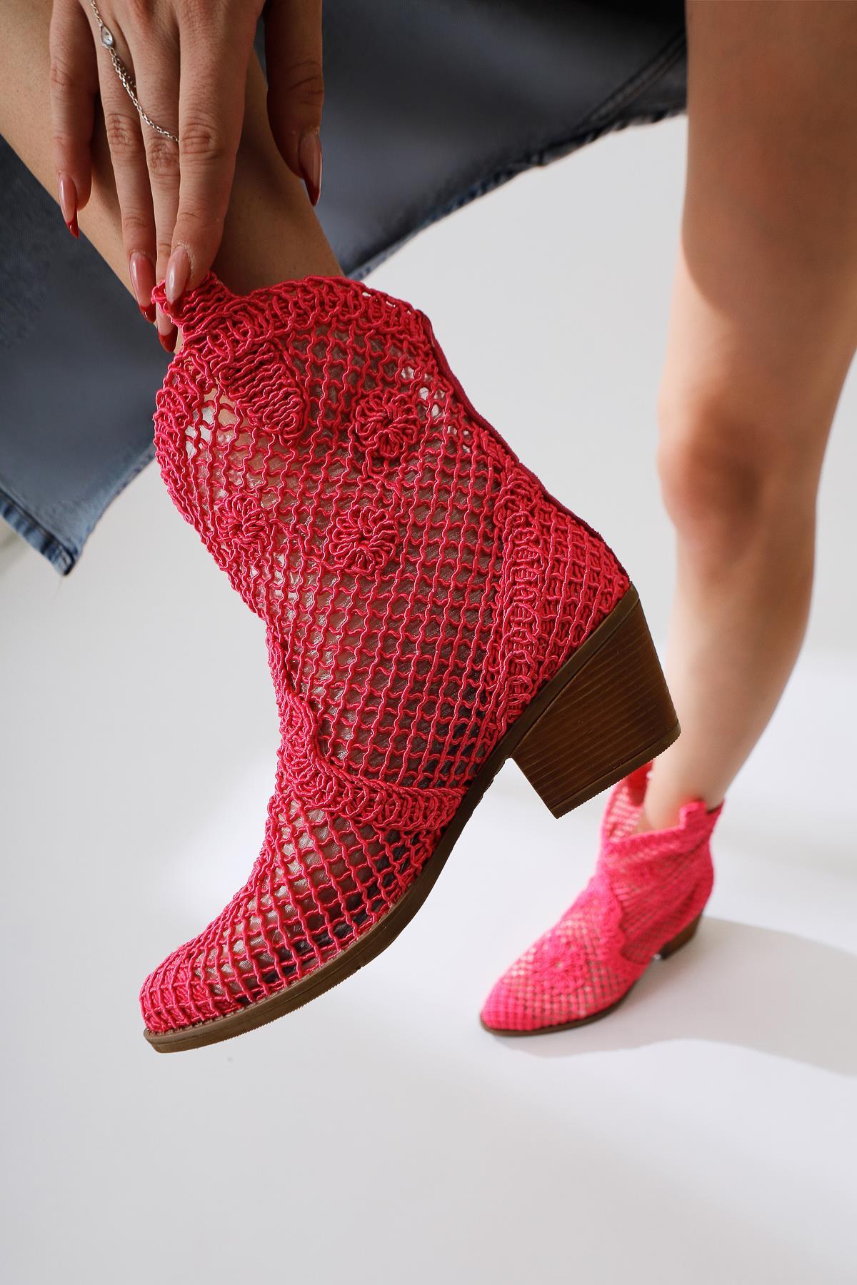 Tersa (Kısa Konç) Fuşya Örgü Dantelli Çiçek Detaylı Kovboy Yazlık Bot