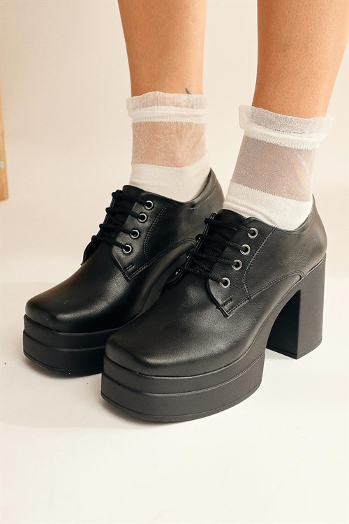 Audrina Siyah Bağcıklı Topuklu Platformlu Kadın Ayakkabı