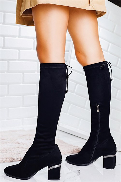 Daisy Siyah Süet Orta Topuklu Çorap Çizme
