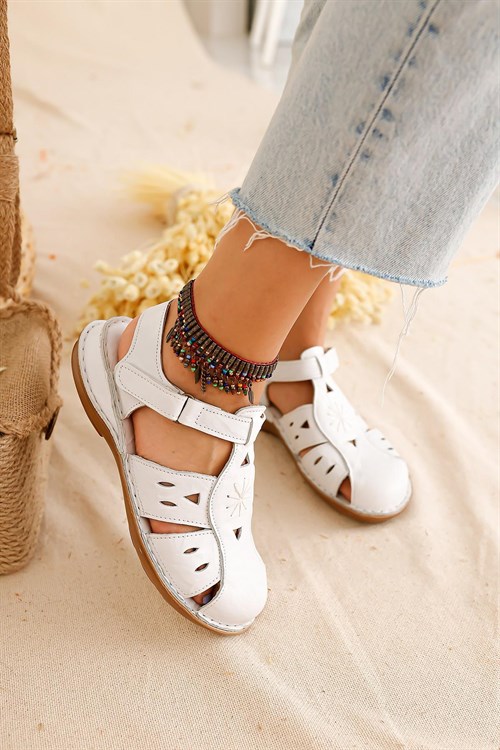 Hakiki Deri Galya Beyaz Comfort Sandalet