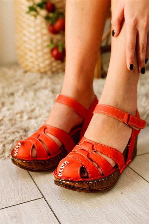Hakiki Deri Madisen Kırmızı Kalın Tabanlı Comfort Sandalet