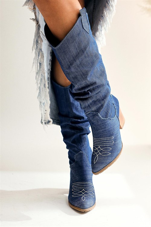 Jose Kot Mavi Kovboy Tarzı Körüklü Topuklu Çizme