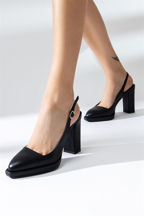 Kathrine Siyah Sivri Burunlu İnce Platformlu Topuklu Sandalet