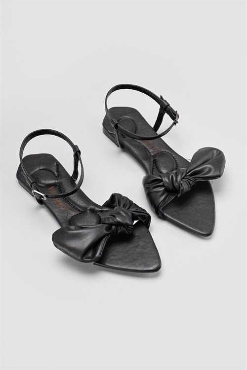 Latonya Siyah Fiyonk Detaylı Düz Pedli Sandalet (Yanı Şeffaf)