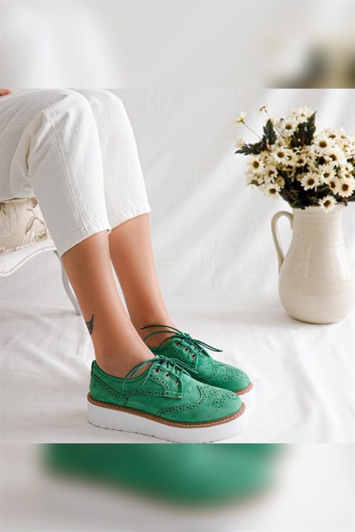 Lila Yeşil Lazerli Beyaz Kalın Tabanlı Bağcıklı Oxford Casual Ayakkabı