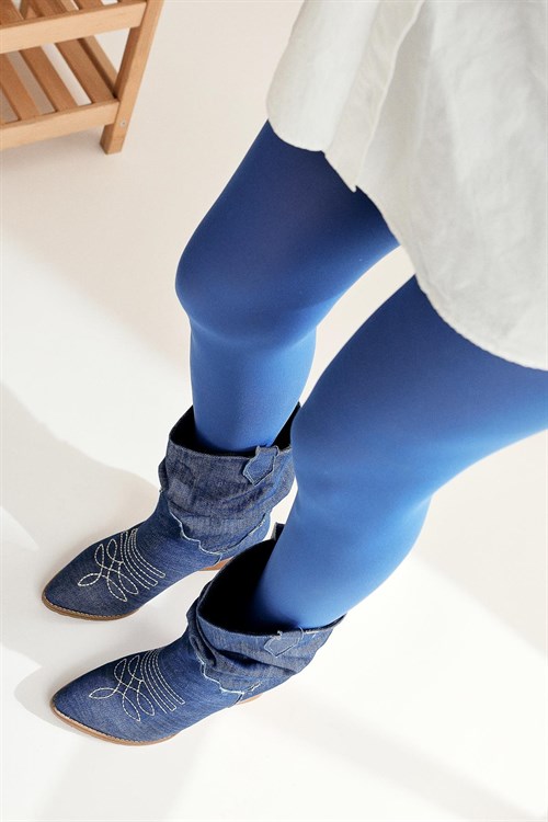 Norah Kot Mavi Topuklu Nakışlı Körüklü Kovboy Bot (Çekme Uzun Bot)