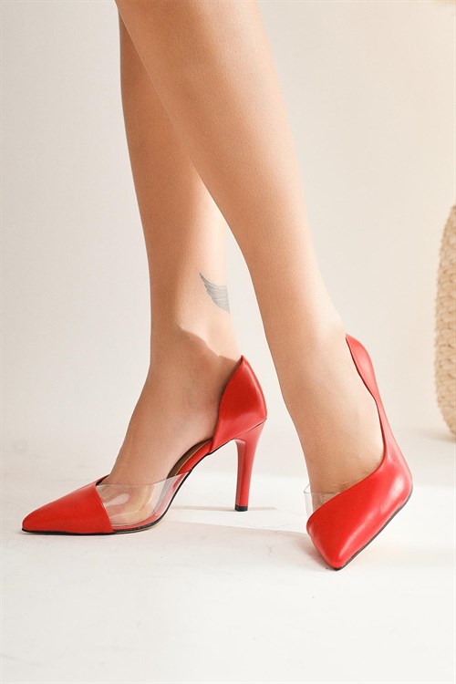 Olli Kırmızı Sivri Burunlu Şeffaf Detaylı Topuklu Ayakkabı