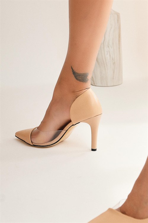Olli Nud Sivri Burunlu Şeffaf Detaylı Topuklu Ayakkabı