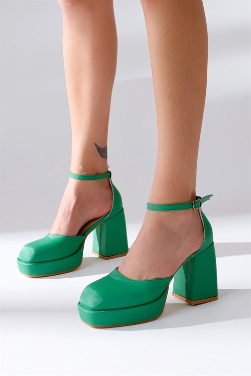 Persa Yeşil Saten Platformlu Kalın Ökçeli Yüksek Topuklu Ayakkabı
