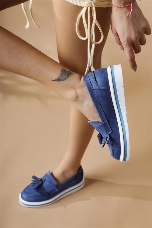 Roxie Mavi Püskül Detaylı Süet Oxford Loafer Ayakkabı