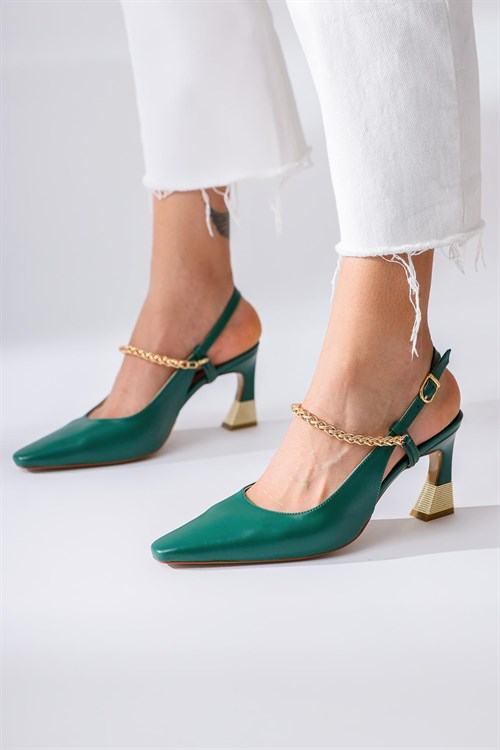 Sapphire Yeşil Sivri Burunlu Zincir Detaylı Topuklu Ayakkabı
