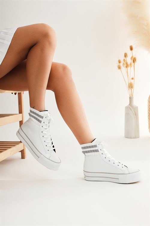 Tinnie Beyaz-Gri Lastik Detaylı Yüksek Tabanlı Bağcıklı Spor Sneakers Bot