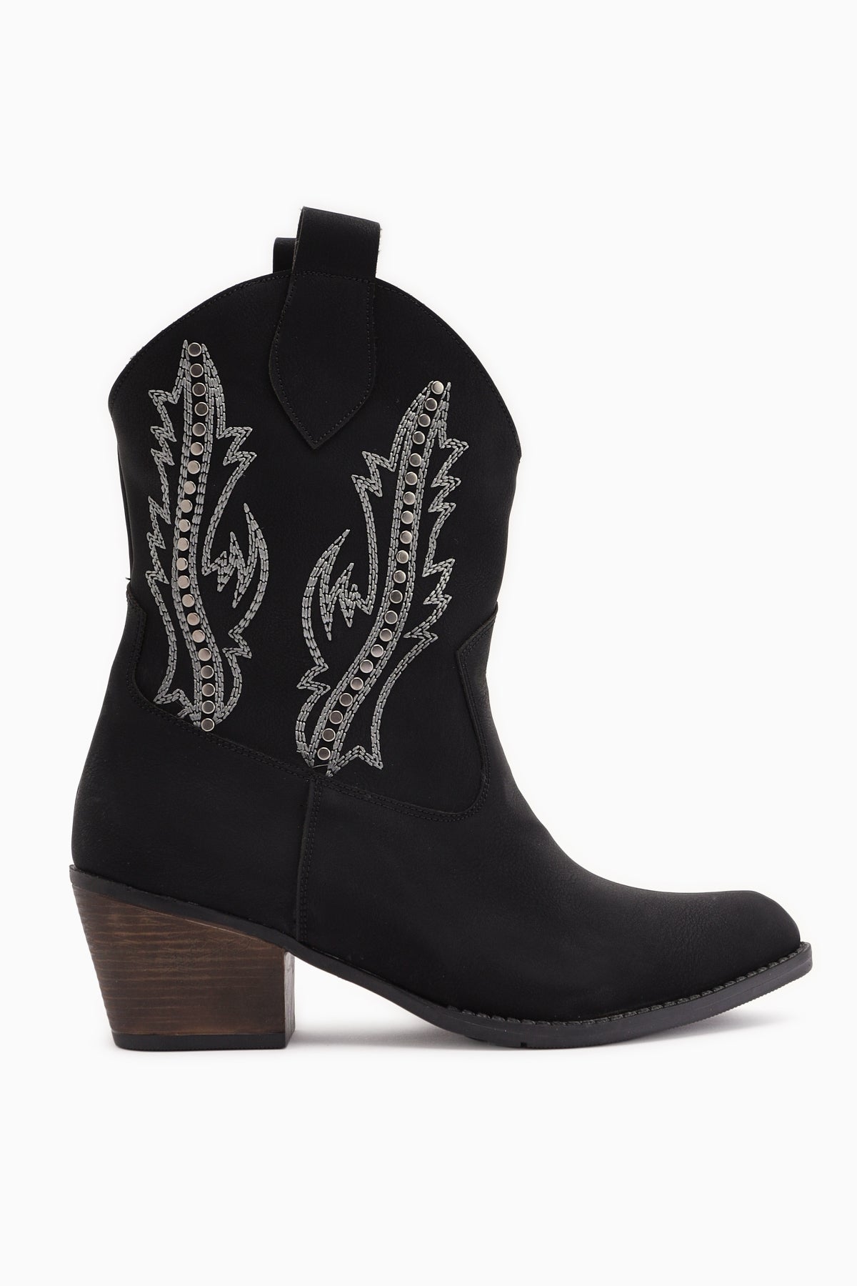 Fiza Siyah Sivri Burunlu Nakışlı Zımba Detaylı Western Bot