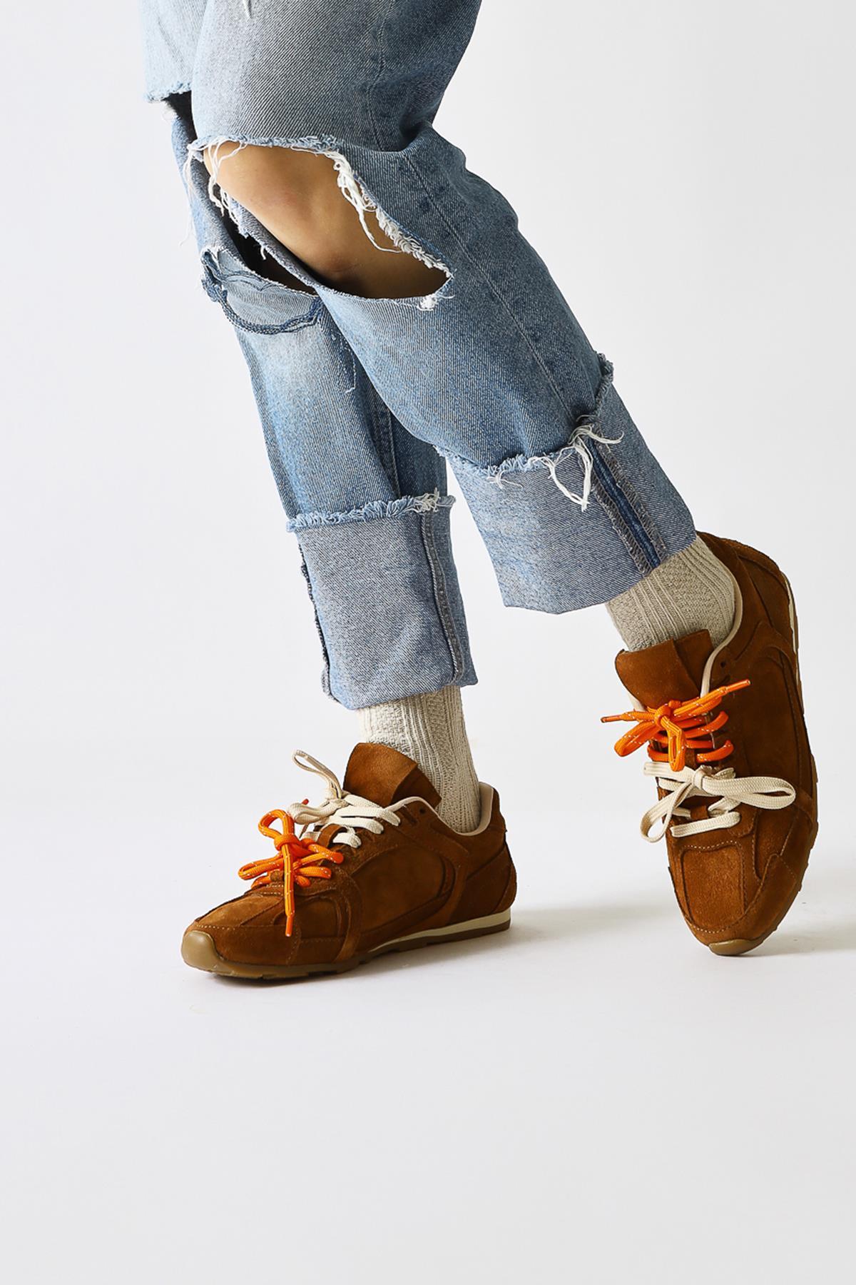 Hakiki Deri Sue Taba Süet Çift Bağcıklı Sneakers