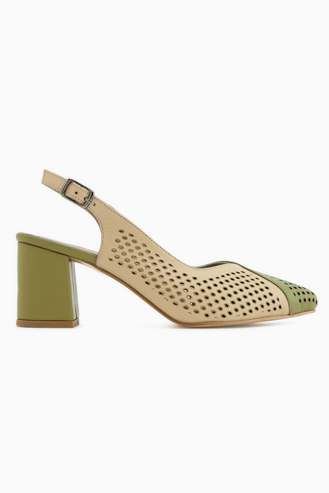 Cassie Hakiki Deri Yeşil Bej Topuklu Kadın Sandalet