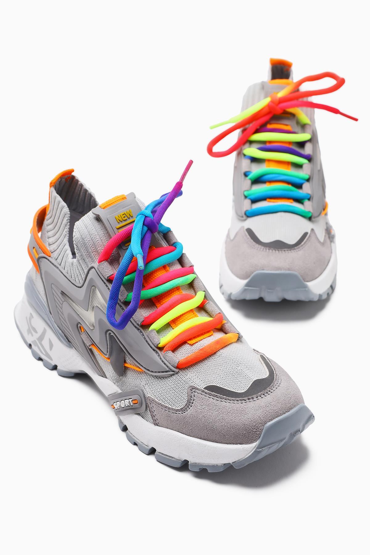 Anabell Gri Triko Süet Detaylı Renkli Bağcıklı Kadın Sneakers