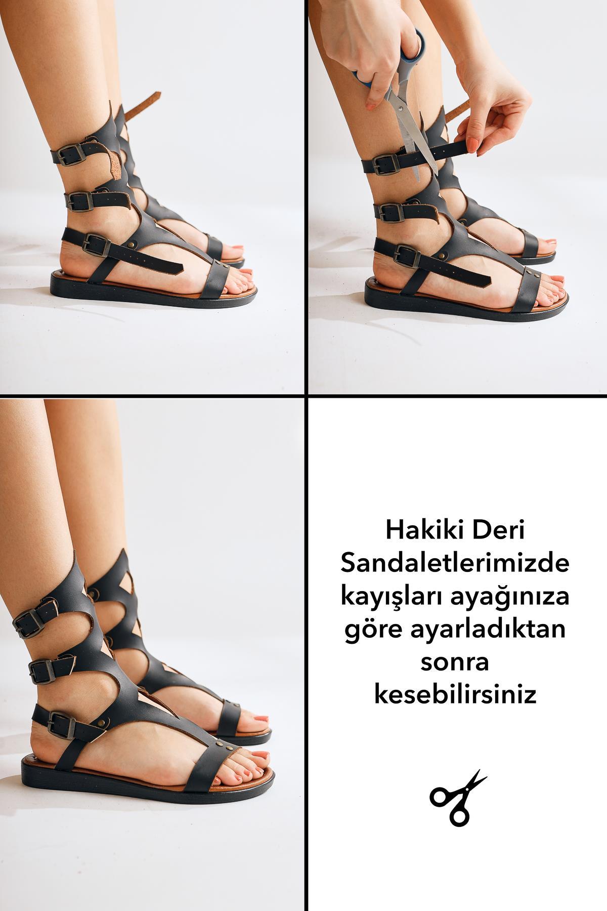 Hakiki Deri Hill Siyah Gladyatör Sandalet