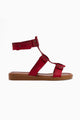 Hakiki Deri Rayen Kırmızı Üç Bantlı Perçin Detaylı Kemer Sandalet