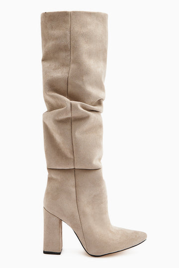 Loren Bej Süet Siveri Burunlu Yüksek Topuklu Dizaltı Çizme