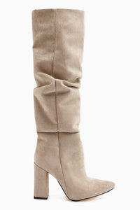 Loren Bej Süet Siveri Burunlu Yüksek Topuklu Dizaltı Çizme
