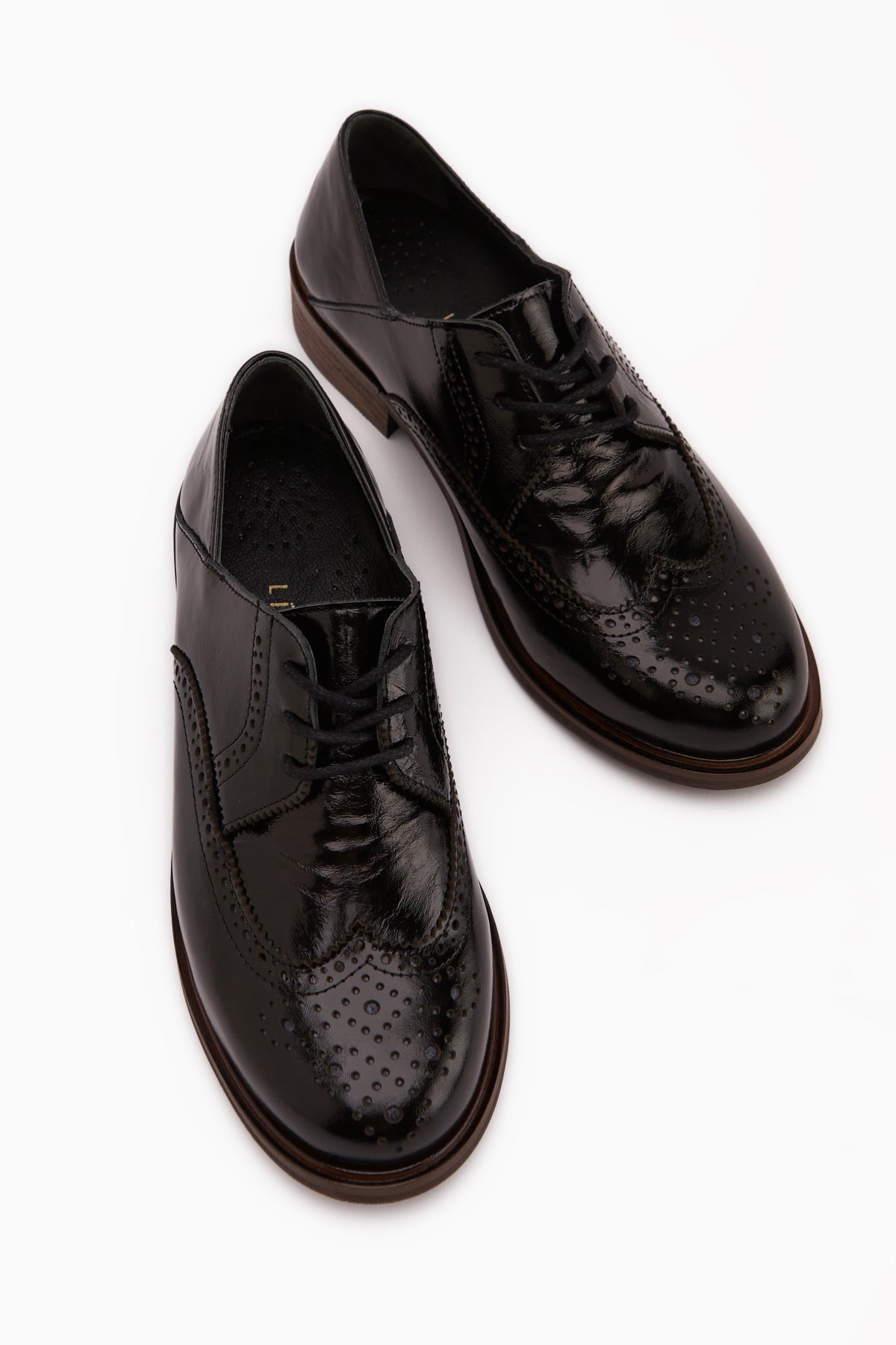 Dena Hakiki Deri Siyah Rugan Bağcıklı Brogue Oxford Kadın Ayakkabı