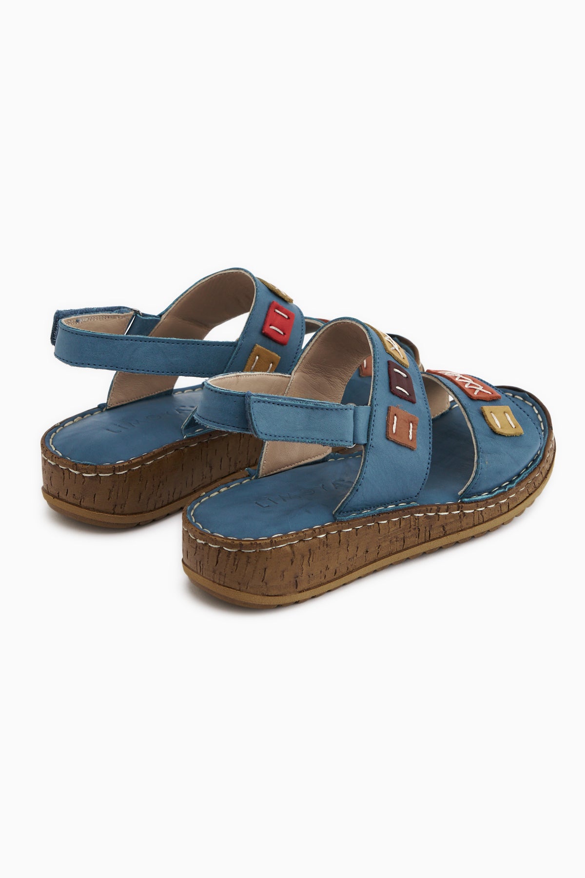 Loreta Hakiki Deri Mavi Çift Bantlı Kadın Sandalet