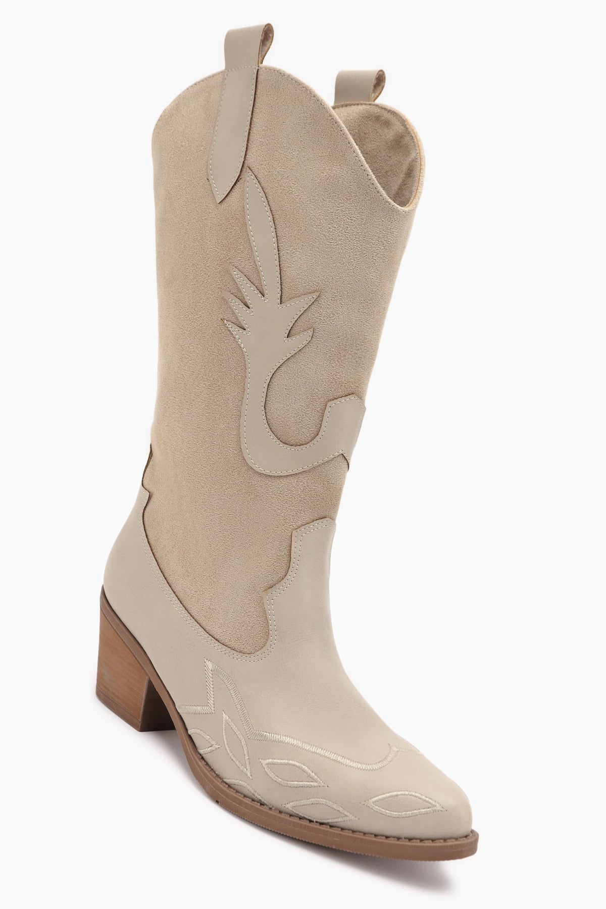 Maily Bej Süet Detaylı Nakışlı Sivri Burunlu Western Bot