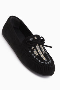 Darya Siyah Süet Nakışlı Makosen Ayakkabı Kadın Loafer