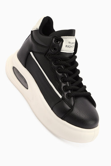 Lourin Siyah Deri Desenli Havalı Taban Bağcıklı Spor Bot