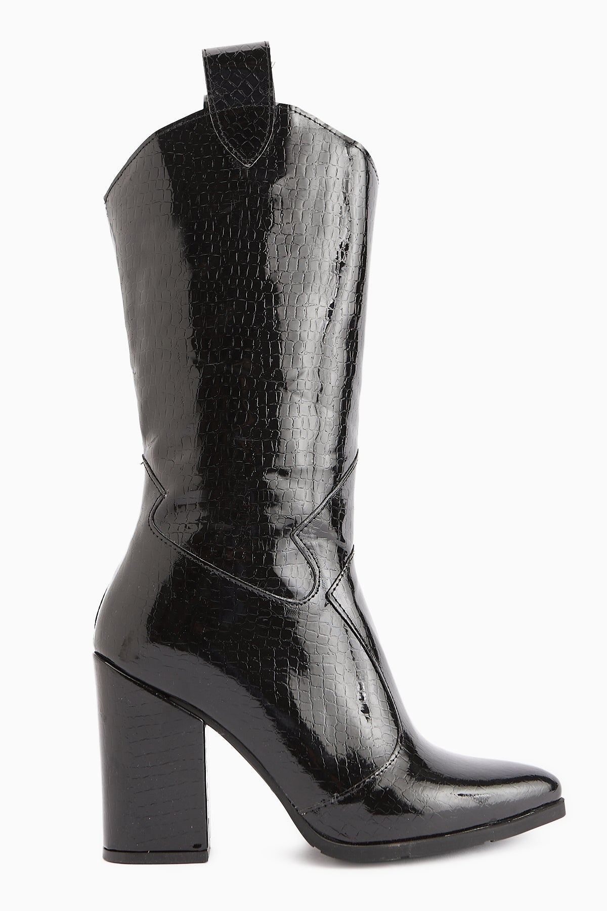 Keri Siyah Kroko Asimetrik Kesim Topuklu Kısa Çizme