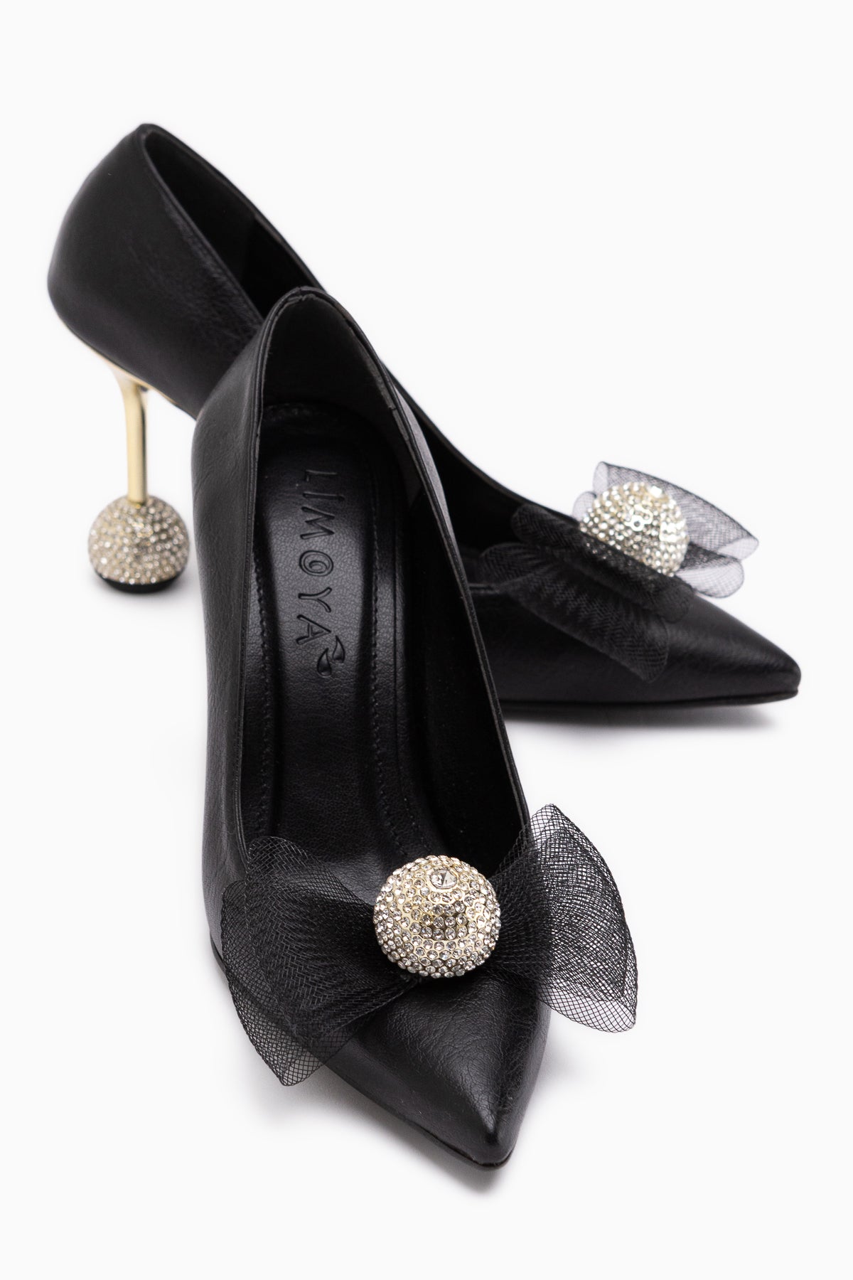 Partile Siyah Disko Topu Detaylı Tül Fiyonklu Stiletto