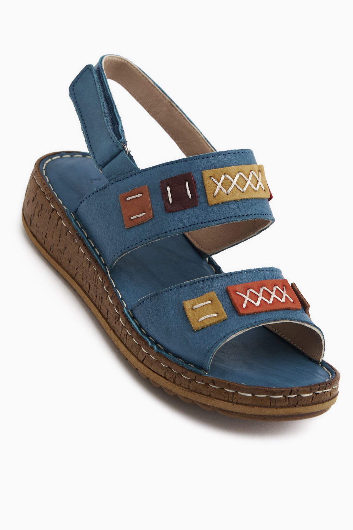 Loreta Hakiki Deri Mavi Çift Bantlı Kadın Sandalet