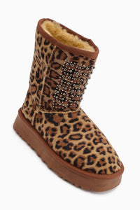 Anna-Li Leopar Desenli Süet İçi Kürklü Boncuk Detaylı Çekme Bot