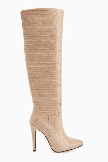 Nenya Bej Kroko Desenli Sivri Burunlu İnce Topuklu Dizüstü Çizme